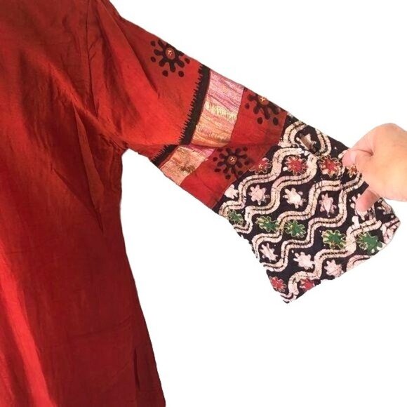 Embellished Caftan Womens Vintage Ethnic Red Black Zip Gold Threading Block Dyed - Picture 5 of 15